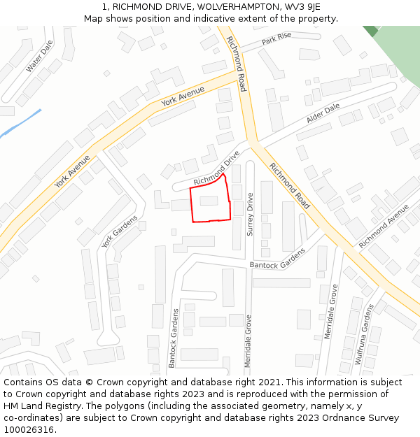 1, RICHMOND DRIVE, WOLVERHAMPTON, WV3 9JE: Location map and indicative extent of plot