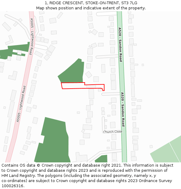 1, RIDGE CRESCENT, STOKE-ON-TRENT, ST3 7LG: Location map and indicative extent of plot
