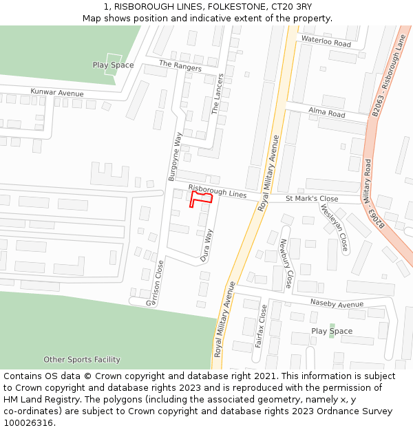 1, RISBOROUGH LINES, FOLKESTONE, CT20 3RY: Location map and indicative extent of plot