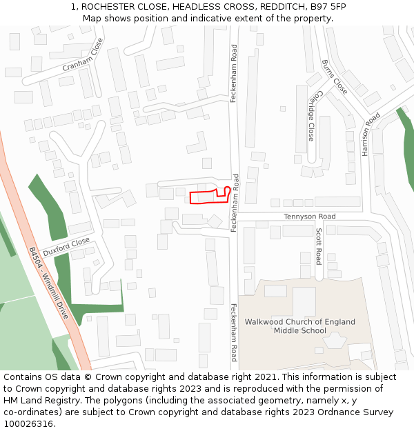 1, ROCHESTER CLOSE, HEADLESS CROSS, REDDITCH, B97 5FP: Location map and indicative extent of plot