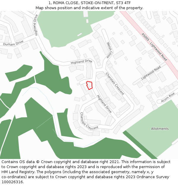 1, ROMA CLOSE, STOKE-ON-TRENT, ST3 4TF: Location map and indicative extent of plot