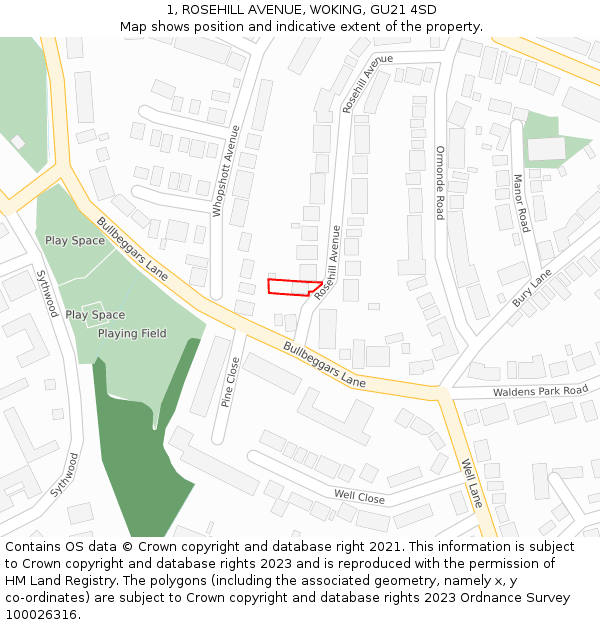 1, ROSEHILL AVENUE, WOKING, GU21 4SD: Location map and indicative extent of plot