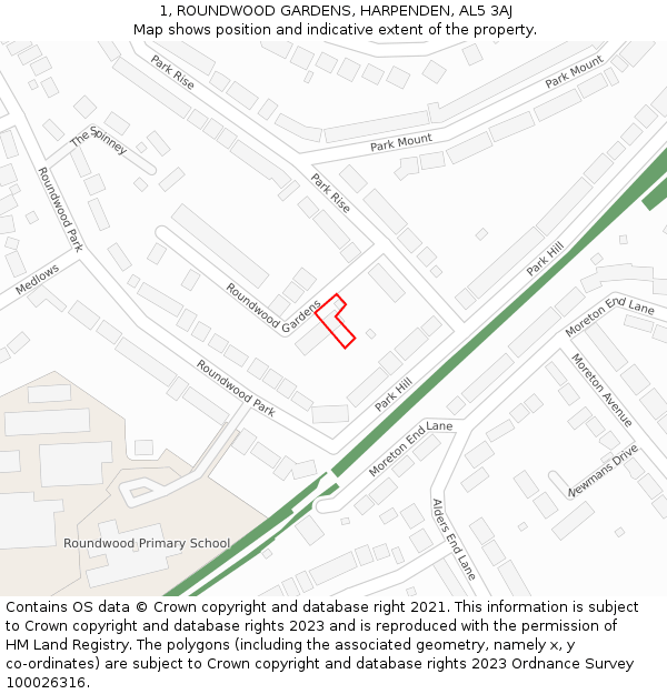 1, ROUNDWOOD GARDENS, HARPENDEN, AL5 3AJ: Location map and indicative extent of plot