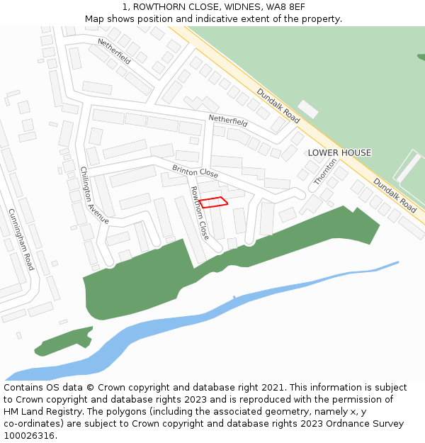 1, ROWTHORN CLOSE, WIDNES, WA8 8EF: Location map and indicative extent of plot