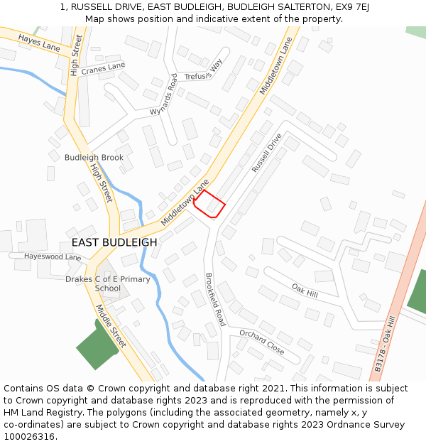 1, RUSSELL DRIVE, EAST BUDLEIGH, BUDLEIGH SALTERTON, EX9 7EJ: Location map and indicative extent of plot