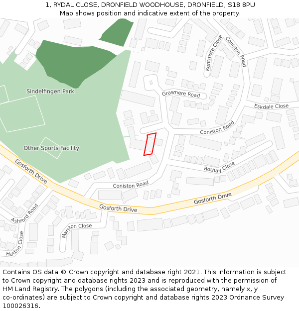 1, RYDAL CLOSE, DRONFIELD WOODHOUSE, DRONFIELD, S18 8PU: Location map and indicative extent of plot