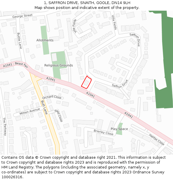 1, SAFFRON DRIVE, SNAITH, GOOLE, DN14 9LH: Location map and indicative extent of plot