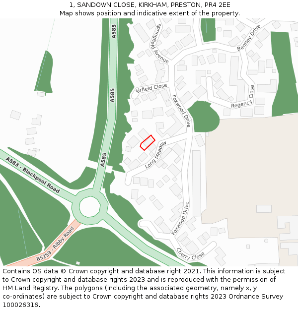 1, SANDOWN CLOSE, KIRKHAM, PRESTON, PR4 2EE: Location map and indicative extent of plot