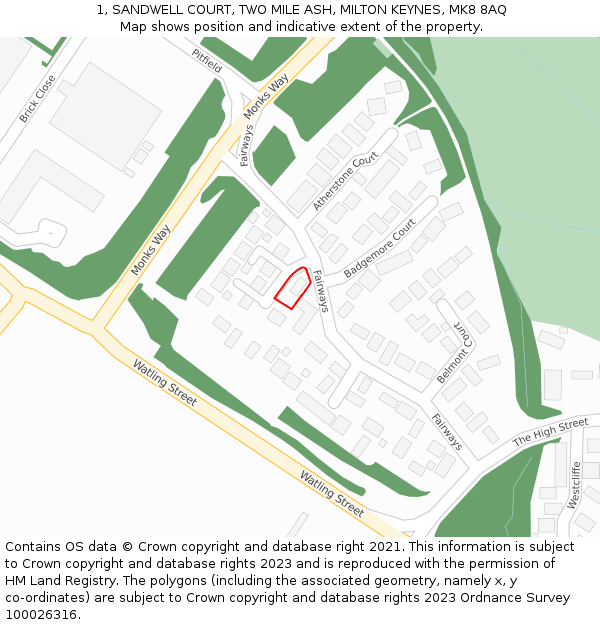 1, SANDWELL COURT, TWO MILE ASH, MILTON KEYNES, MK8 8AQ: Location map and indicative extent of plot