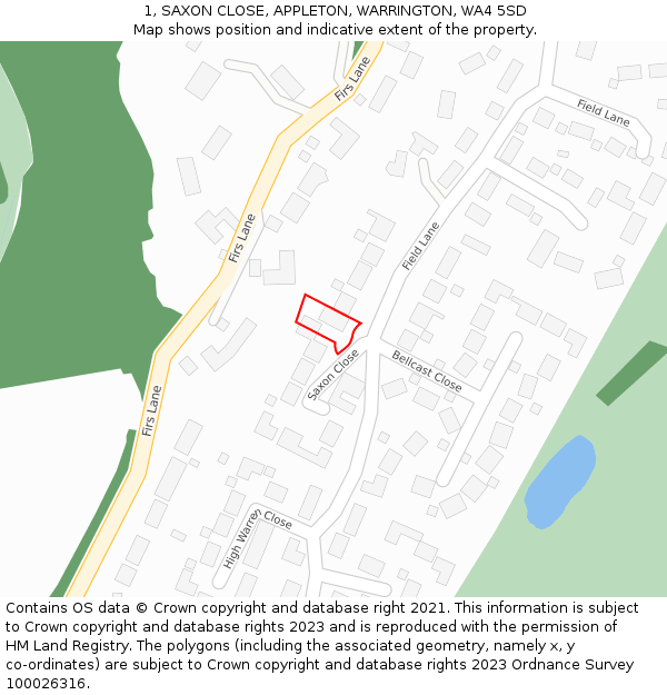 1, SAXON CLOSE, APPLETON, WARRINGTON, WA4 5SD: Location map and indicative extent of plot
