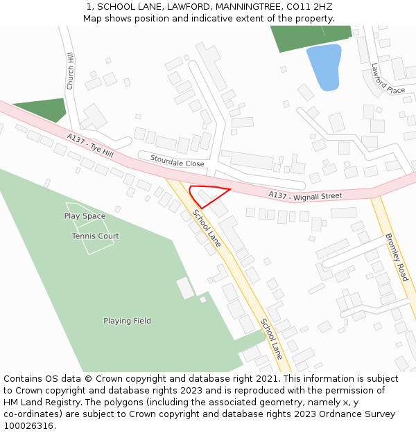 1, SCHOOL LANE, LAWFORD, MANNINGTREE, CO11 2HZ: Location map and indicative extent of plot