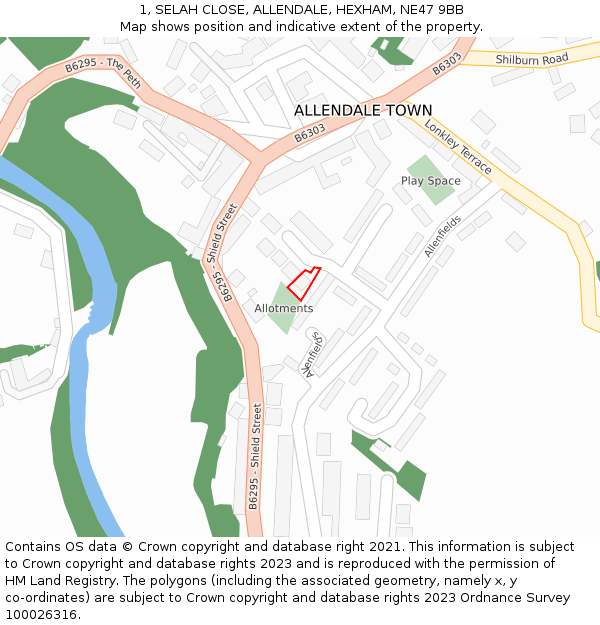 1, SELAH CLOSE, ALLENDALE, HEXHAM, NE47 9BB: Location map and indicative extent of plot