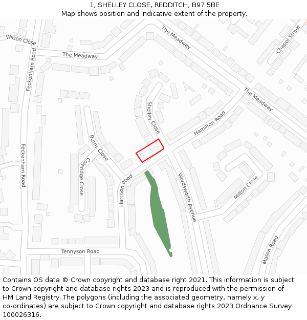 1, SHELLEY CLOSE, REDDITCH, B97 5BE: Location map and indicative extent of plot