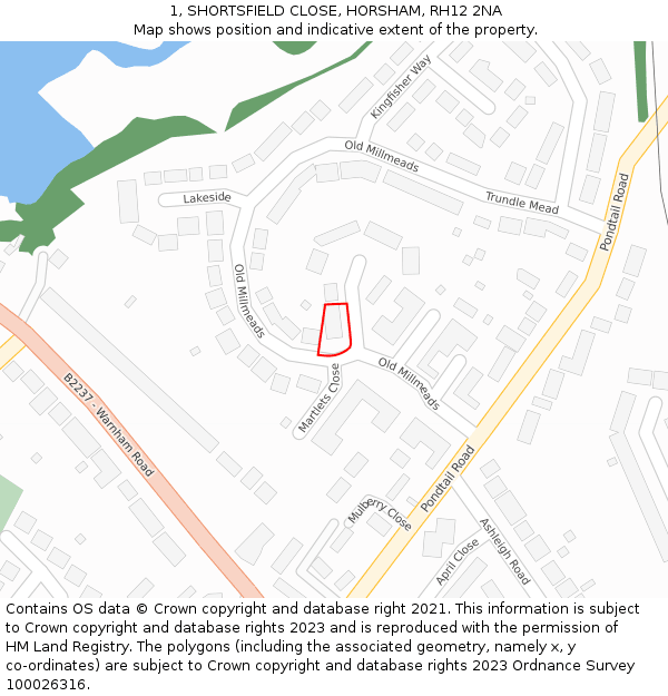 1, SHORTSFIELD CLOSE, HORSHAM, RH12 2NA: Location map and indicative extent of plot