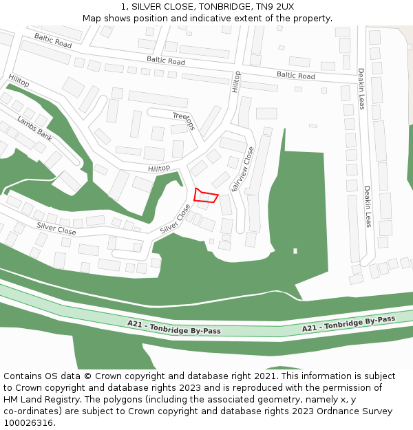 1, SILVER CLOSE, TONBRIDGE, TN9 2UX: Location map and indicative extent of plot