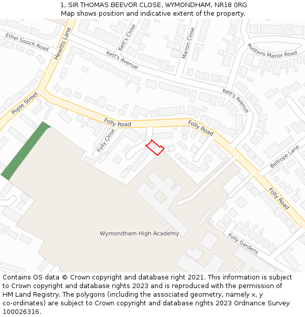 1, SIR THOMAS BEEVOR CLOSE, WYMONDHAM, NR18 0RG: Location map and indicative extent of plot