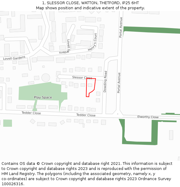 1, SLESSOR CLOSE, WATTON, THETFORD, IP25 6HT: Location map and indicative extent of plot