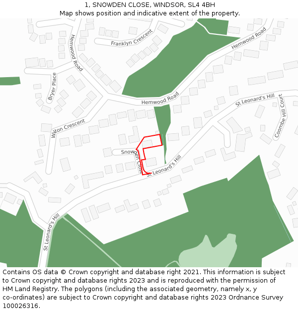 1, SNOWDEN CLOSE, WINDSOR, SL4 4BH: Location map and indicative extent of plot