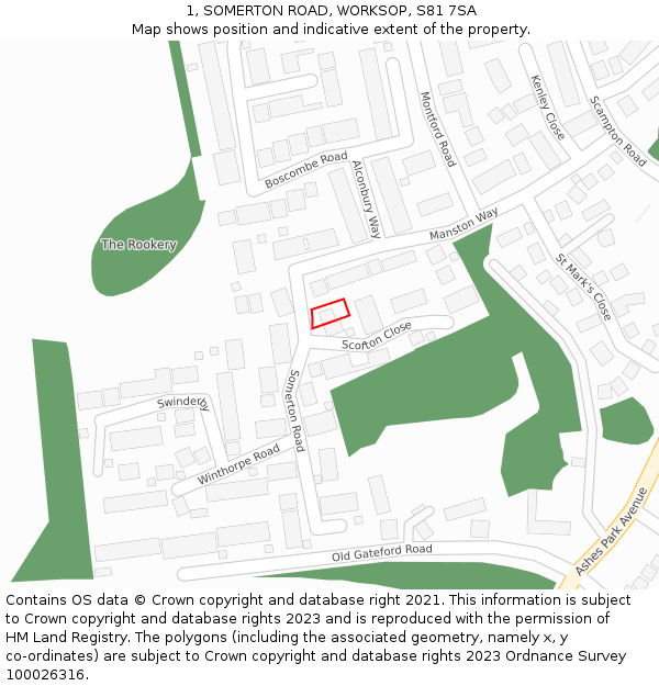 1, SOMERTON ROAD, WORKSOP, S81 7SA: Location map and indicative extent of plot