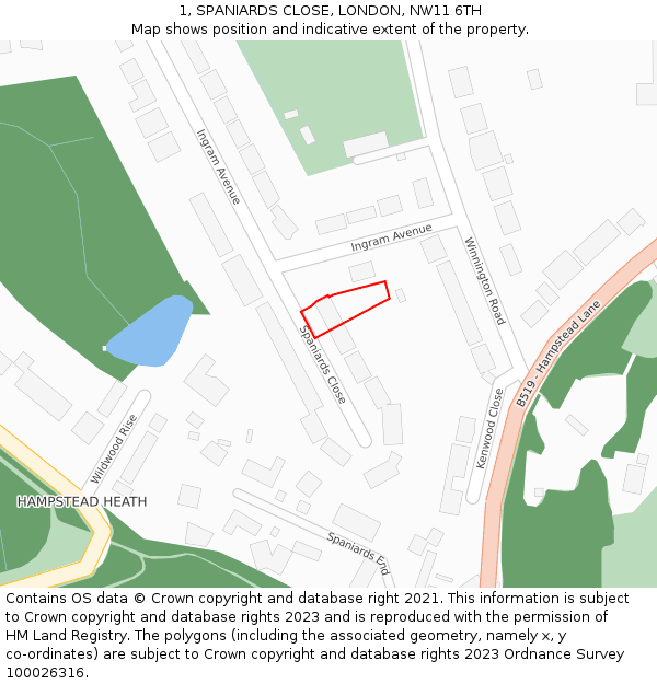 1, SPANIARDS CLOSE, LONDON, NW11 6TH: Location map and indicative extent of plot