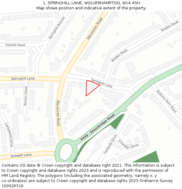 1, SPRINGHILL LANE, WOLVERHAMPTON, WV4 4SH: Location map and indicative extent of plot