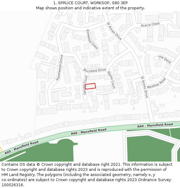 1, SPRUCE COURT, WORKSOP, S80 3EP: Location map and indicative extent of plot