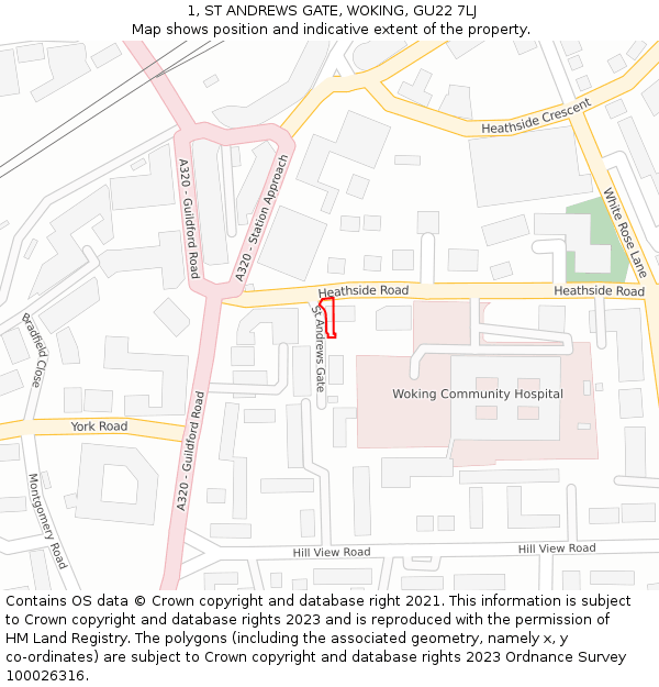 1, ST ANDREWS GATE, WOKING, GU22 7LJ: Location map and indicative extent of plot