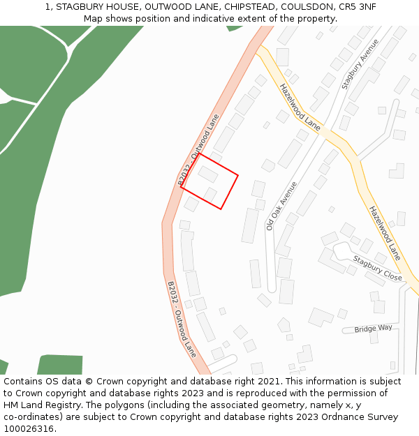 1, STAGBURY HOUSE, OUTWOOD LANE, CHIPSTEAD, COULSDON, CR5 3NF: Location map and indicative extent of plot