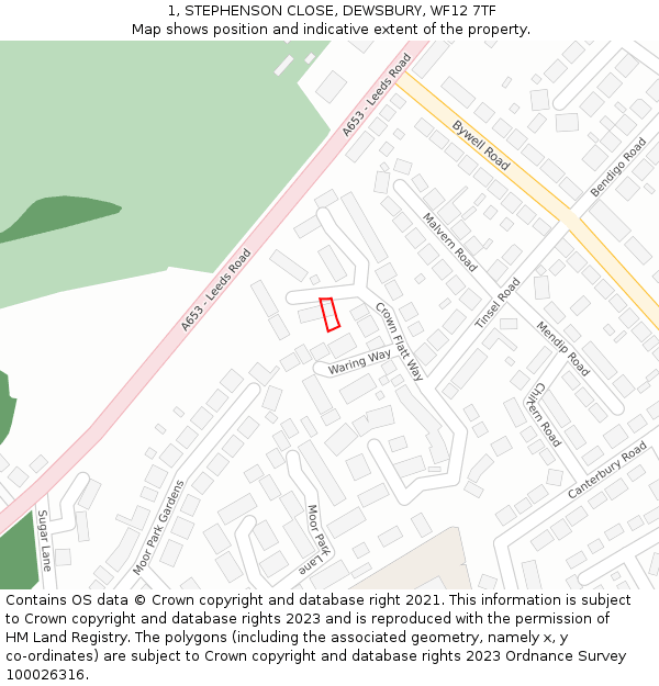 1, STEPHENSON CLOSE, DEWSBURY, WF12 7TF: Location map and indicative extent of plot