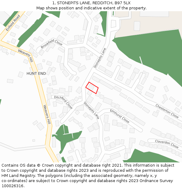 1, STONEPITS LANE, REDDITCH, B97 5LX: Location map and indicative extent of plot