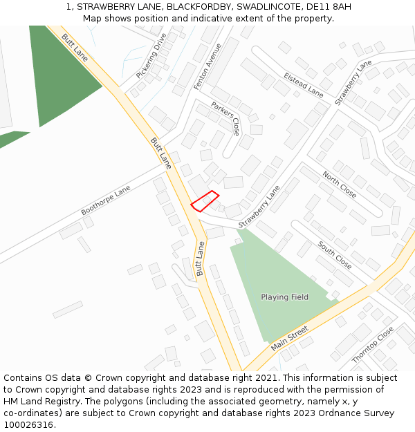 1, STRAWBERRY LANE, BLACKFORDBY, SWADLINCOTE, DE11 8AH: Location map and indicative extent of plot