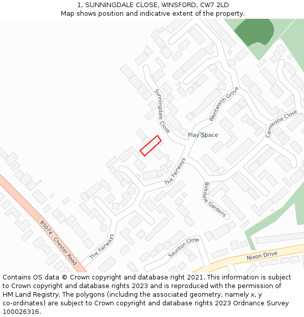 1, SUNNINGDALE CLOSE, WINSFORD, CW7 2LD: Location map and indicative extent of plot