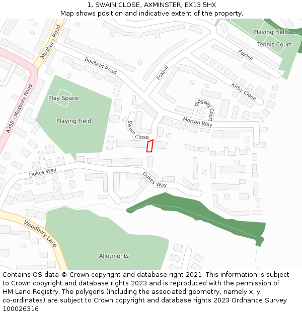 1, SWAIN CLOSE, AXMINSTER, EX13 5HX: Location map and indicative extent of plot