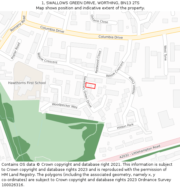 1, SWALLOWS GREEN DRIVE, WORTHING, BN13 2TS: Location map and indicative extent of plot