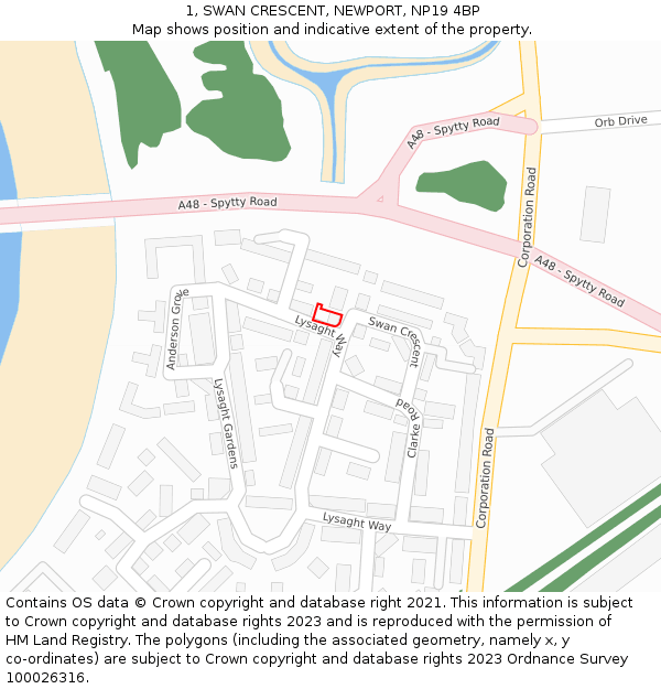 1, SWAN CRESCENT, NEWPORT, NP19 4BP: Location map and indicative extent of plot