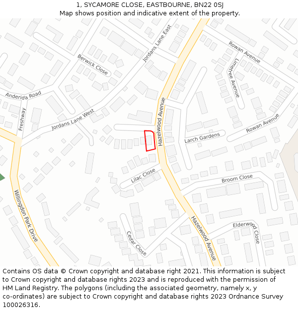 1, SYCAMORE CLOSE, EASTBOURNE, BN22 0SJ: Location map and indicative extent of plot