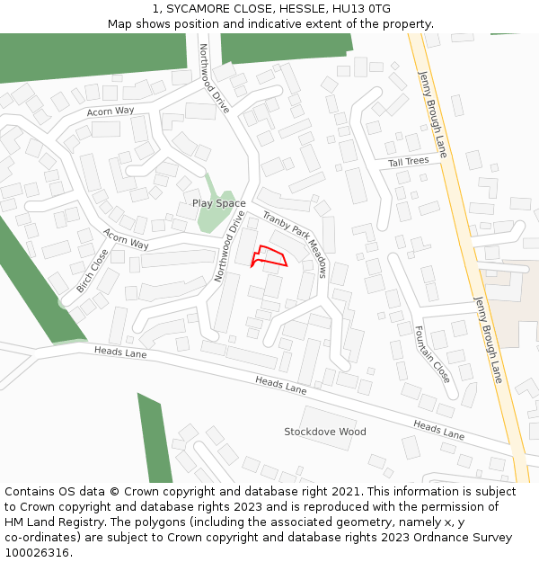 1, SYCAMORE CLOSE, HESSLE, HU13 0TG: Location map and indicative extent of plot