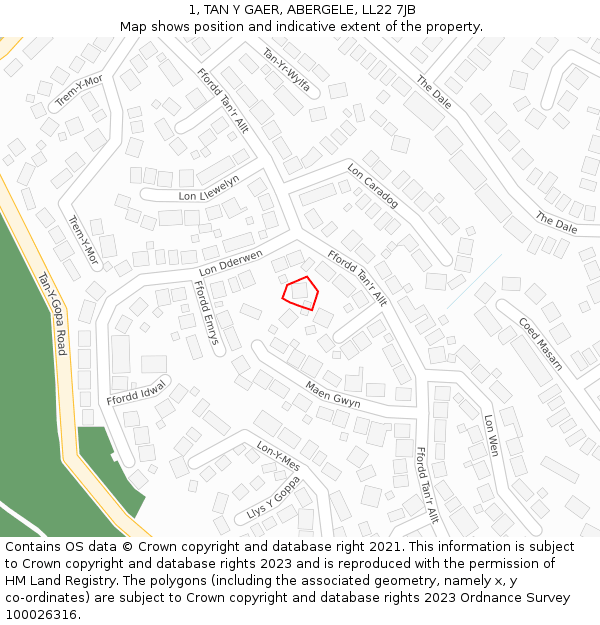 1, TAN Y GAER, ABERGELE, LL22 7JB: Location map and indicative extent of plot