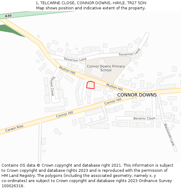 1, TELCARNE CLOSE, CONNOR DOWNS, HAYLE, TR27 5DN: Location map and indicative extent of plot