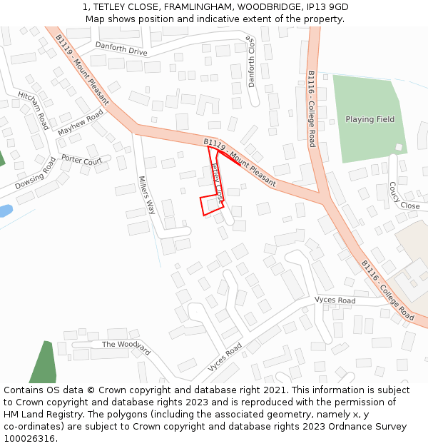 1, TETLEY CLOSE, FRAMLINGHAM, WOODBRIDGE, IP13 9GD: Location map and indicative extent of plot