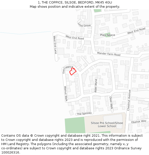 1, THE COPPICE, SILSOE, BEDFORD, MK45 4GU: Location map and indicative extent of plot