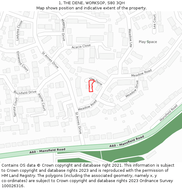 1, THE DENE, WORKSOP, S80 3QH: Location map and indicative extent of plot