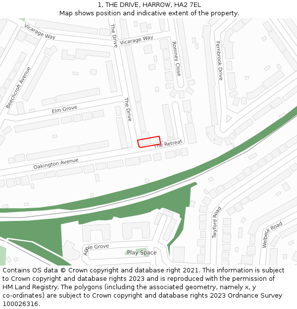 1, THE DRIVE, HARROW, HA2 7EL: Location map and indicative extent of plot