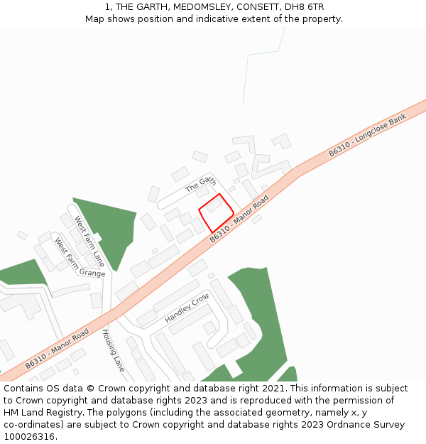 1, THE GARTH, MEDOMSLEY, CONSETT, DH8 6TR: Location map and indicative extent of plot