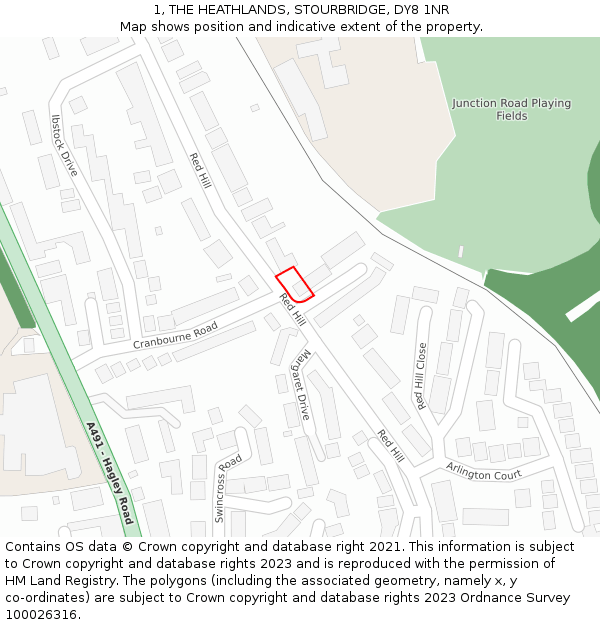1, THE HEATHLANDS, STOURBRIDGE, DY8 1NR: Location map and indicative extent of plot