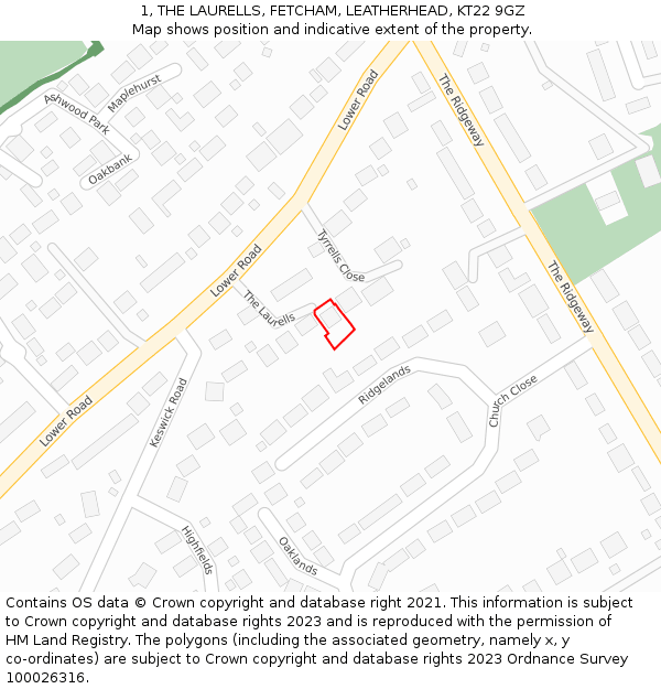 1, THE LAURELLS, FETCHAM, LEATHERHEAD, KT22 9GZ: Location map and indicative extent of plot