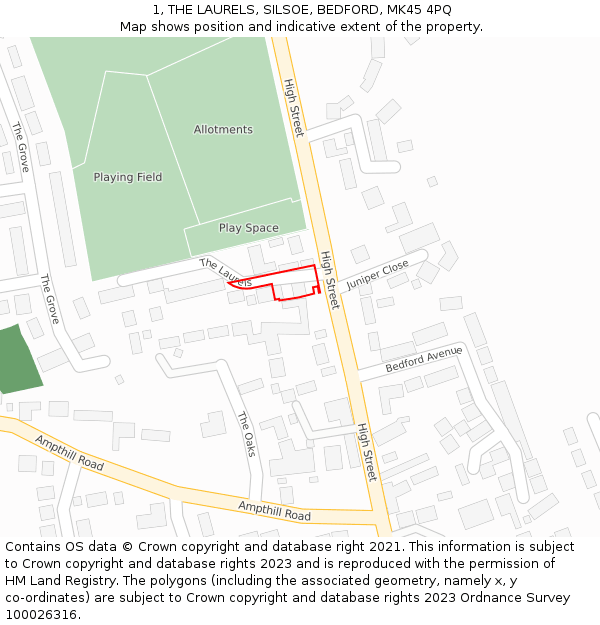 1, THE LAURELS, SILSOE, BEDFORD, MK45 4PQ: Location map and indicative extent of plot
