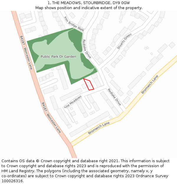1, THE MEADOWS, STOURBRIDGE, DY9 0GW: Location map and indicative extent of plot