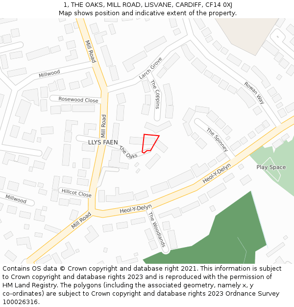 1, THE OAKS, MILL ROAD, LISVANE, CARDIFF, CF14 0XJ: Location map and indicative extent of plot