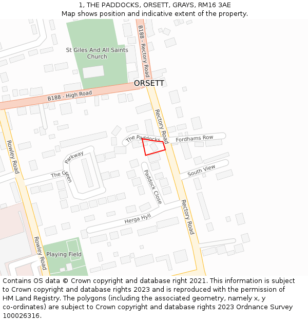 1, THE PADDOCKS, ORSETT, GRAYS, RM16 3AE: Location map and indicative extent of plot